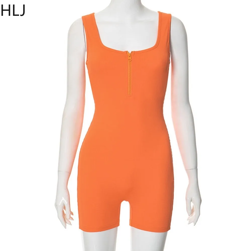 HLJ Summer New Solid Color Bodycon Sporty Rompers Women U Neck Sleeveless Backless Zipper Slim Jumpsuits Fashion Overalls 2024