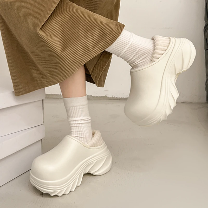 Waterproof Eva Chunky Platform Slippers Women Winter Non Slip Warm Cotton Slippers Woman Fashion Thick Sole Plush Slides Shoes