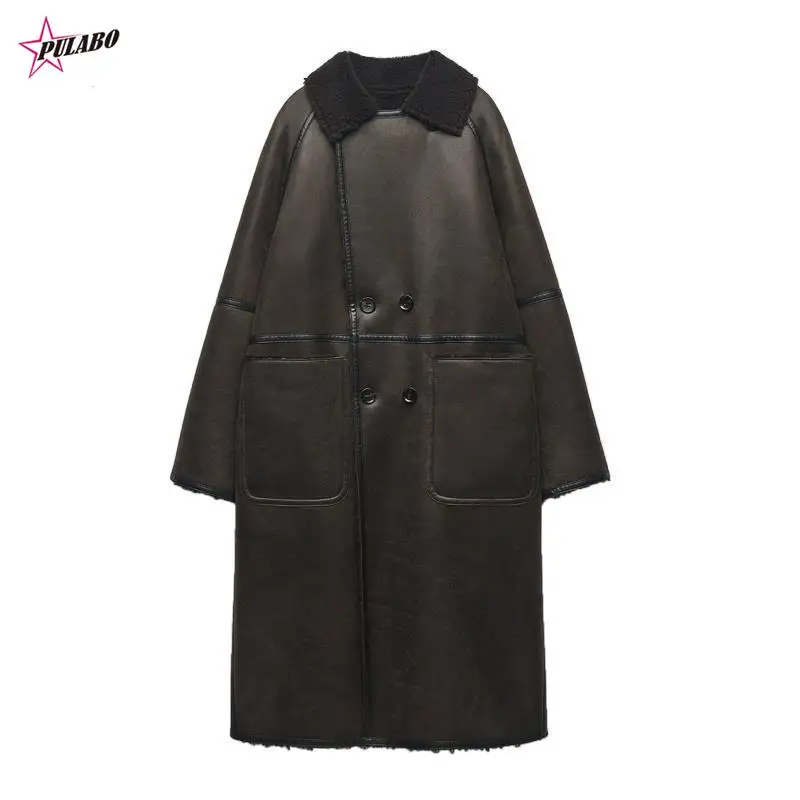

PULABO 2024 Winter New Women's Medium Length Double-side Coat Artificial Wool Leather High Quality Thicken Trench Outwear Mujer