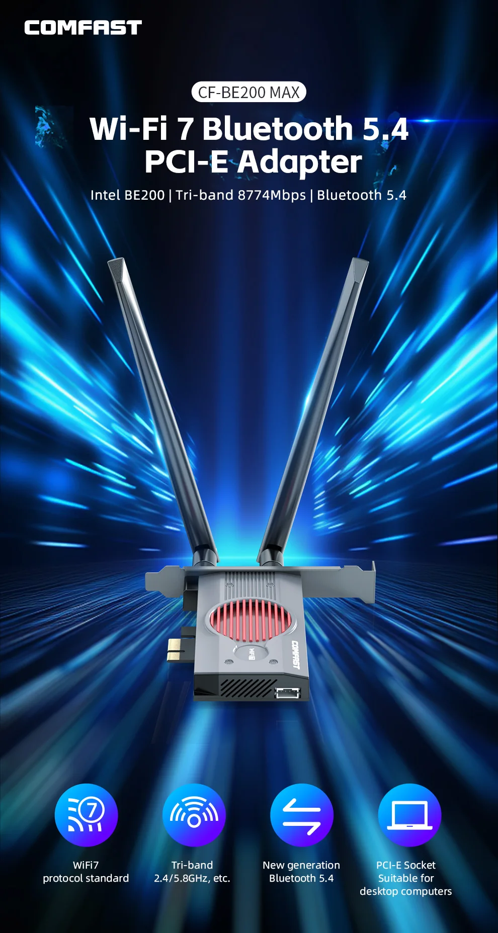 Comfast 무선 네트워크 카드, 와이파이 어댑터, 블루투스 5.4, 트라이 밴드, 2.4G, 5G, 6GHz, 8774Mbps, 와이파이 7, 인텔 BE200, PCI-E