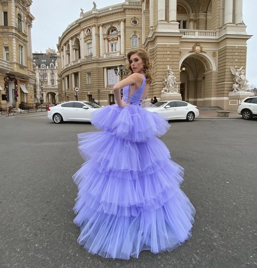 Xijun Lavender Tiered Ruffles Tulle Evening Dresses V-Neck Sleeveless Pleat Ruched Prom Dress Wedding Party Gowns 2023