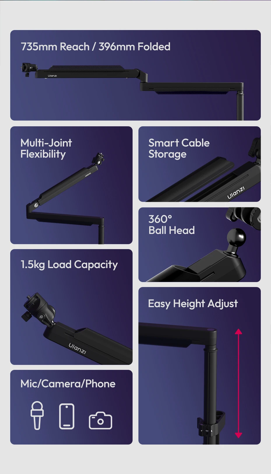 Adjustable Microphone Boom Arm Microphone Stand for Mic Camera Phone for Live-St