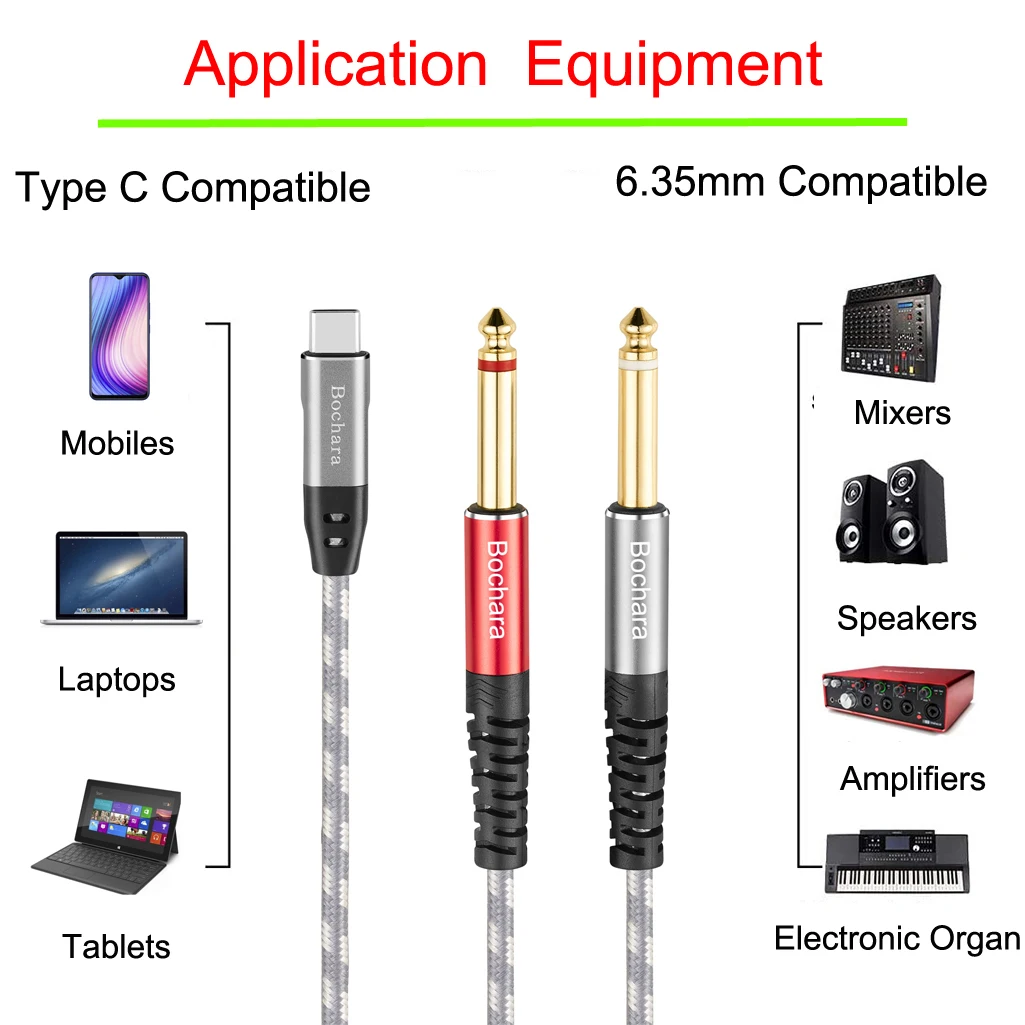 Braided Type C to Dual 6.35mm Audio Cable with Built-in DAC and Shielding