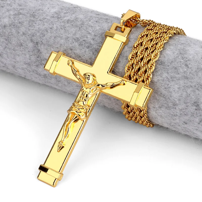 High quality 24K Gold Plated Jesus Christ Cross Pendant Hip hop Rap Golden Crucifixio Cuban Chain Necklace Men Jewelry 3