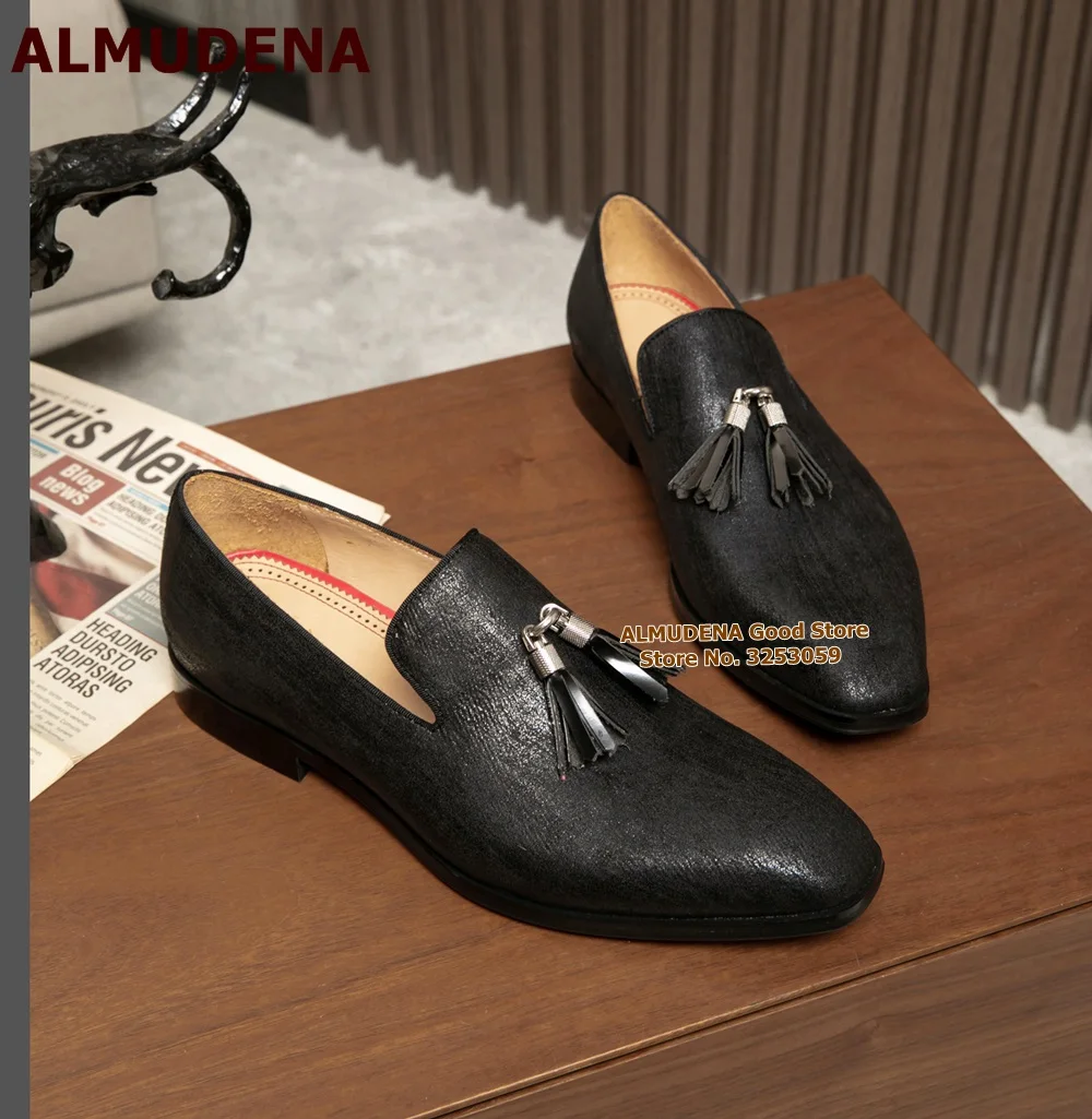 

ALMUDENA Gentlemen Black Matte Business Shoes Slip-on Fringe Embellished Meeting Shoes Bridegroom Dress Footwear Size46 Dropship