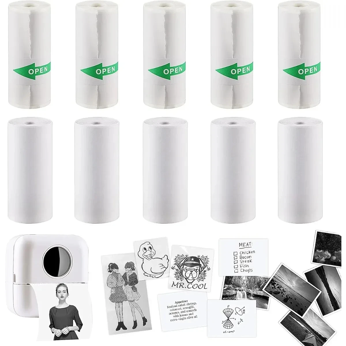 미니 열 프린터 금전 등록기 POS 영수증용 열 접착 스티커 용지, 흰색 용지에 무잉크 검정색, 57x25mm, 10 롤