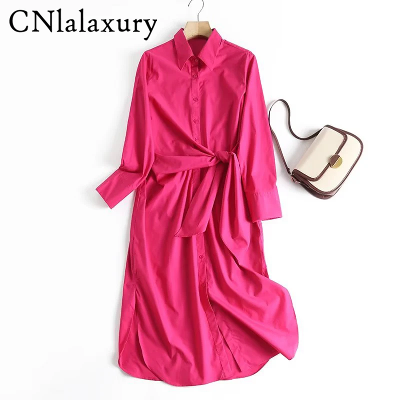 CNlalaxuryWomenSpringAutumnNewRoseRedShirtStyleDressLong