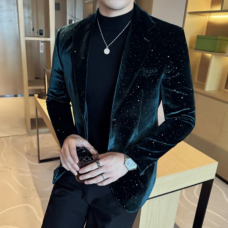 Men Suit Jacket Autumn Velvet Blazer Business Fashion Printed Suit