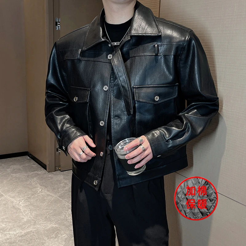 

Осенне-зимняя теплая кожаная куртка для мужчин, свободная байкерская куртка с подкладкой, модная Повседневная Деловая куртка из искусственной кожи, уличная мужская одежда