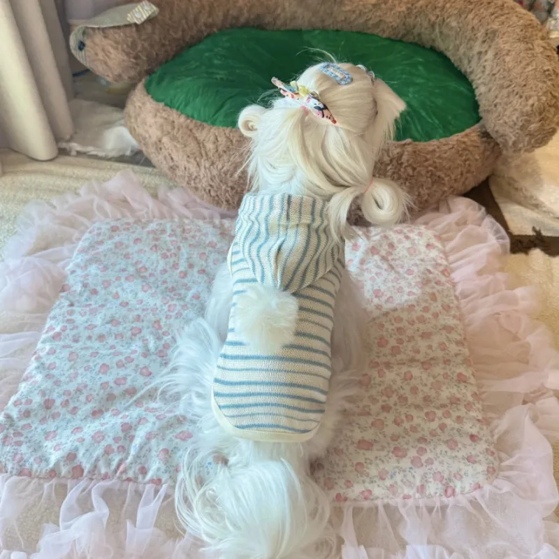 강아지 후드티 귀여운 파란색 줄무늬 후드티 봄 가을 요크셔 슈나우저 고양이 강아지 줄무늬 옷 소형 중형 강아지 고양이 스웨터