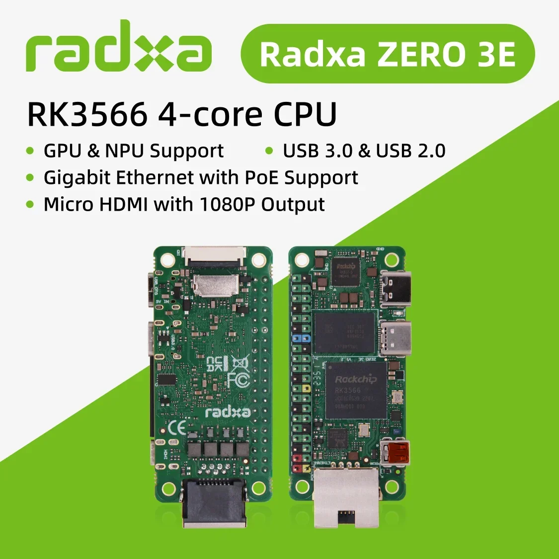 AvaCoreZERO 3E RK3566 4코어 CPU SBC GPU, NPU, 1080P 출력 지원 HDMI, 기가비트 이더넷 싱글 보드 Radxa