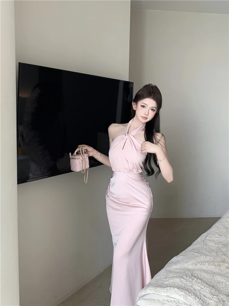 Sexy Bodycon Satin Evening Party Dress Sleeveless Halter Slim Mermaid Summer New Midi Dresses for Women Prom Vestidos Mujer