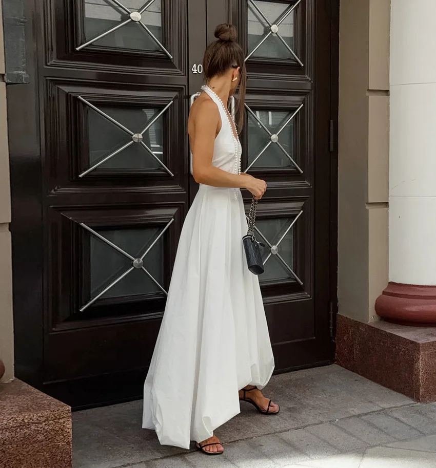 White V-Neck Backless Long Dress Female Sleeveless High Waist Fashion Elegant Luxury Bodycon Dress Women Solid Maxi Dress