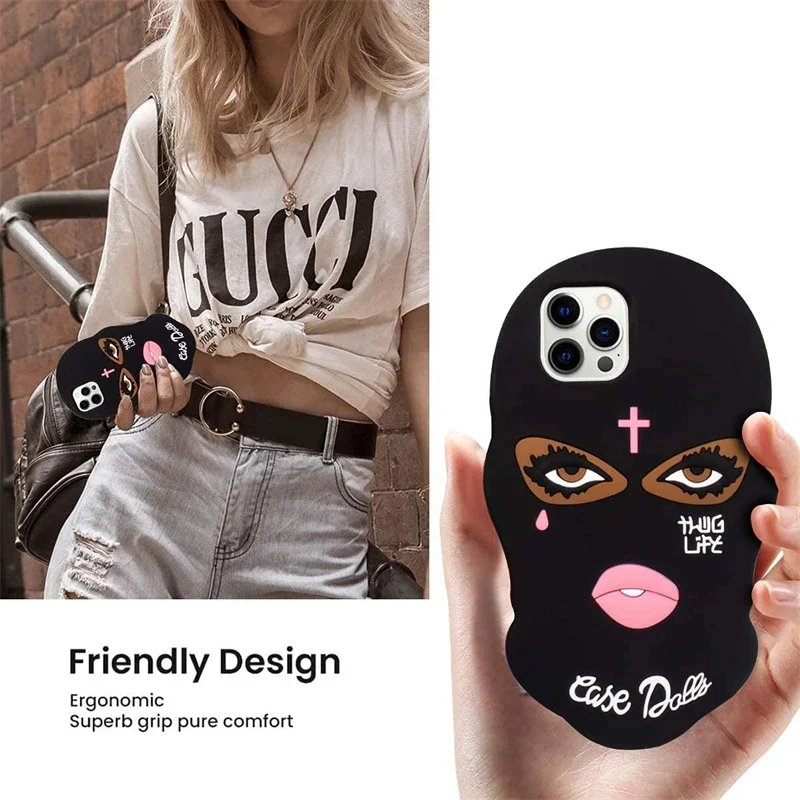 جراب هاتف قناع وجه نسائي أسود من السيليكون ، كرتون...