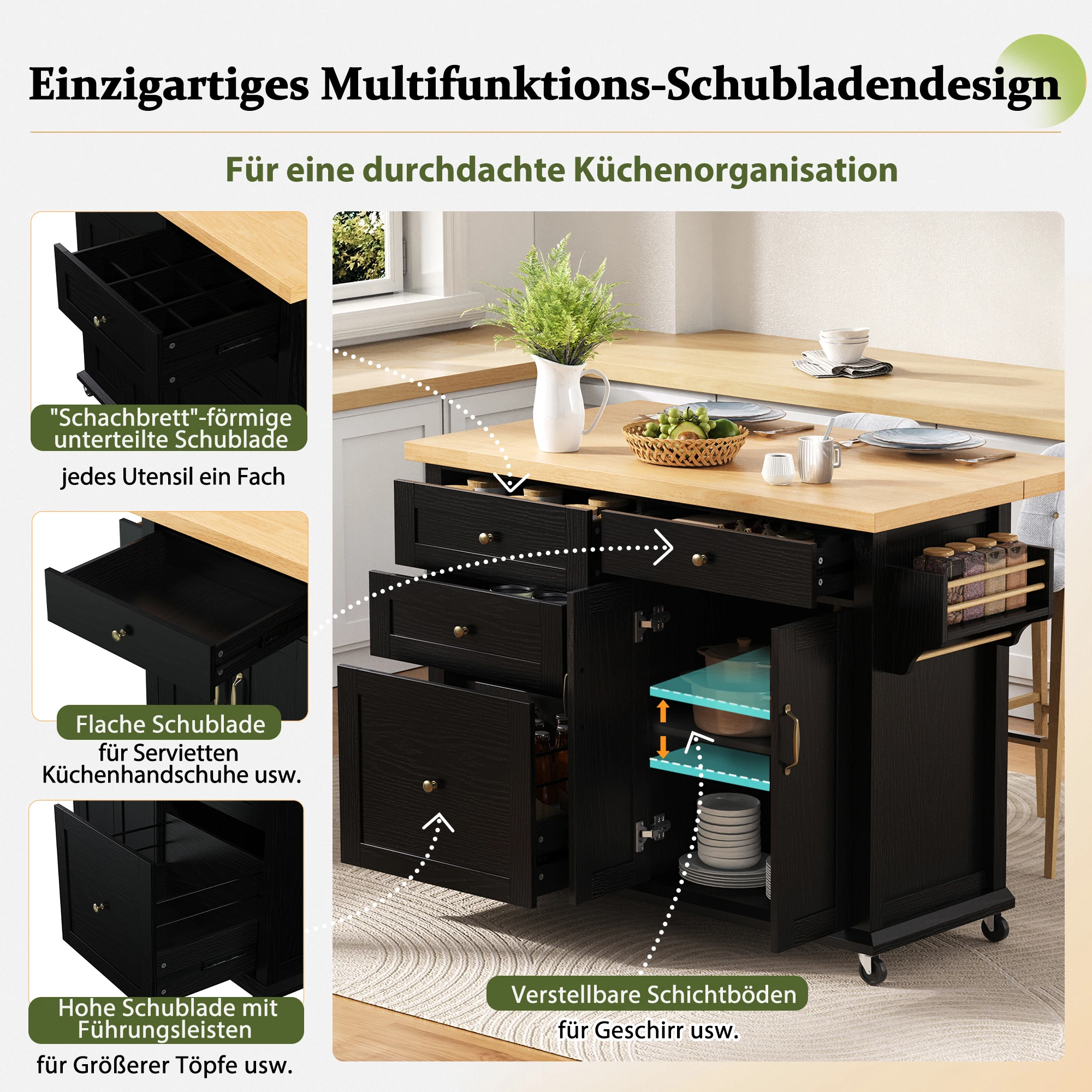Mobile Kücheninsel mit Rollen und ausziehbarem Esstisch, Küchenwagen mit multifunktionalen Schubladen, ideal für die Küche – Detail 8