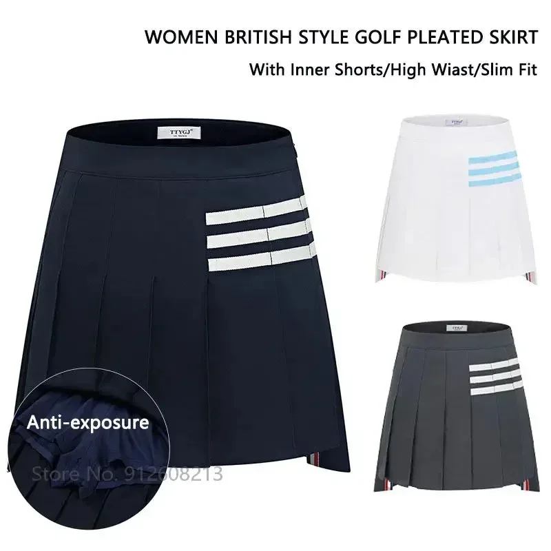 TTYGJ Ladies High Waist A-line Golf Skirt Women Irregular Pleated Sport Skorts Girls Slim Anti-exposure Pantskirts Golf Wear