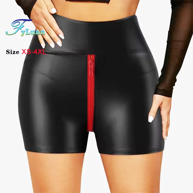Open Front Double Zipper Women Shorts Butt Lift Slim PU Shorts High Waist Elastic Tights Pants Pole Dance Clubwear Sexy women crotchless shorts