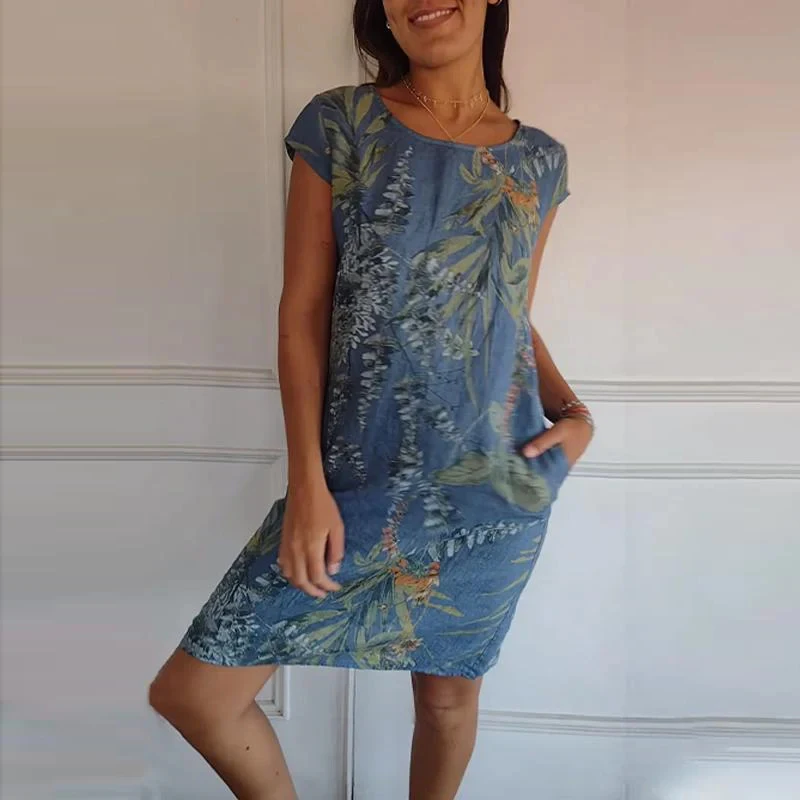 

2024 Spring Summer Printed A-Line Party Dress Women Fashion Round Neck Pocket Mini Dress Vintage Short Sleeve Slim Beach Dresses
