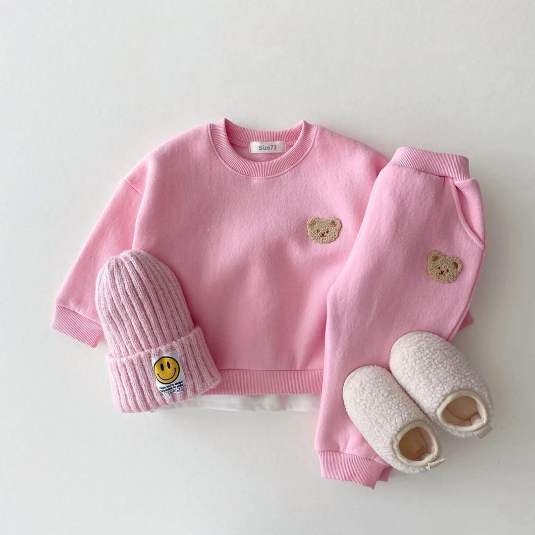 Kids Clothes Set Korean Baby Boys Winter Clothes Sets Warm Bear Velvet Pullover Sweatshirt Tops+Harem Pants Suits 2pcs Girls Fleece Lined Clothes