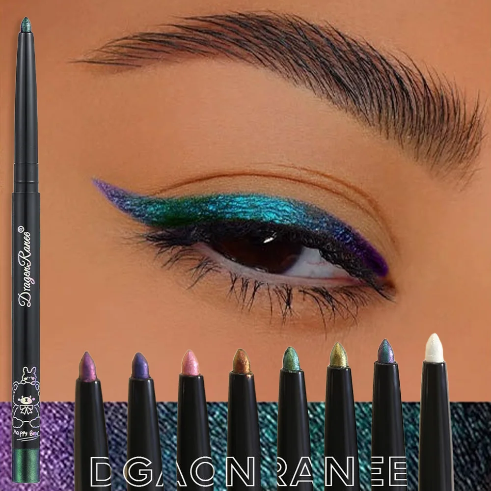 Perlmuttfarbener Aurora-Eyeliner-Stift, wasserfest, blau-violett, diamantglitzernder Lidschatten, metallisches Chrom, liegende Seidenraupe, Augen-Make-up_voghion.com