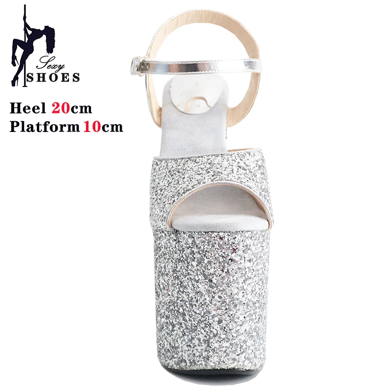 20CM Bling Sequined Women's Sandals with Heels Nightclub Pole Dancing Model Party Sandals 8inch Stilettos Wedding Stripper Shoes