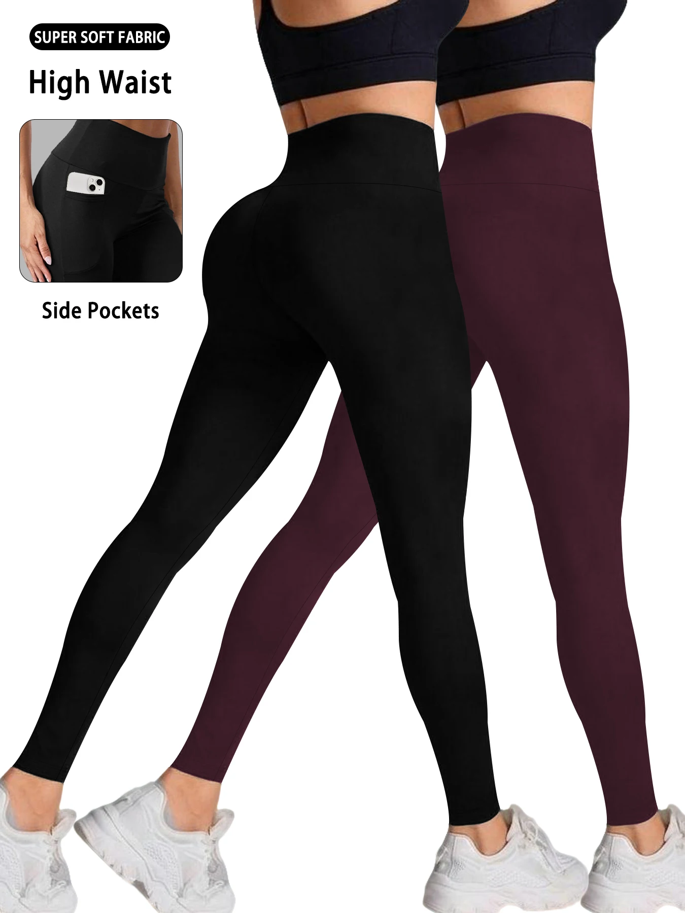2er-Pack Superweiche Sport-Leggings für Damen mit Taschen, Hoher Bund, Bauchkontrolle, für Workout, Yoga und Laufen – Detail 7