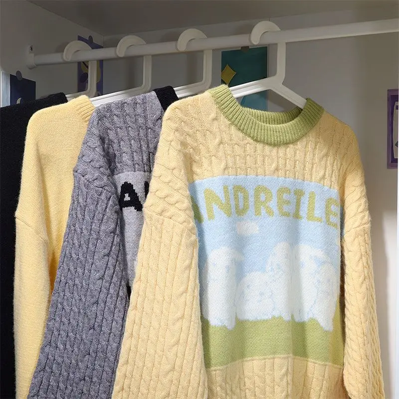 

2022 New Arrival Autumn Winter Women Sweet Cute Loose O-neck Long Sleeve Pullover Casual Cartoon Print Knitted Sweater P788