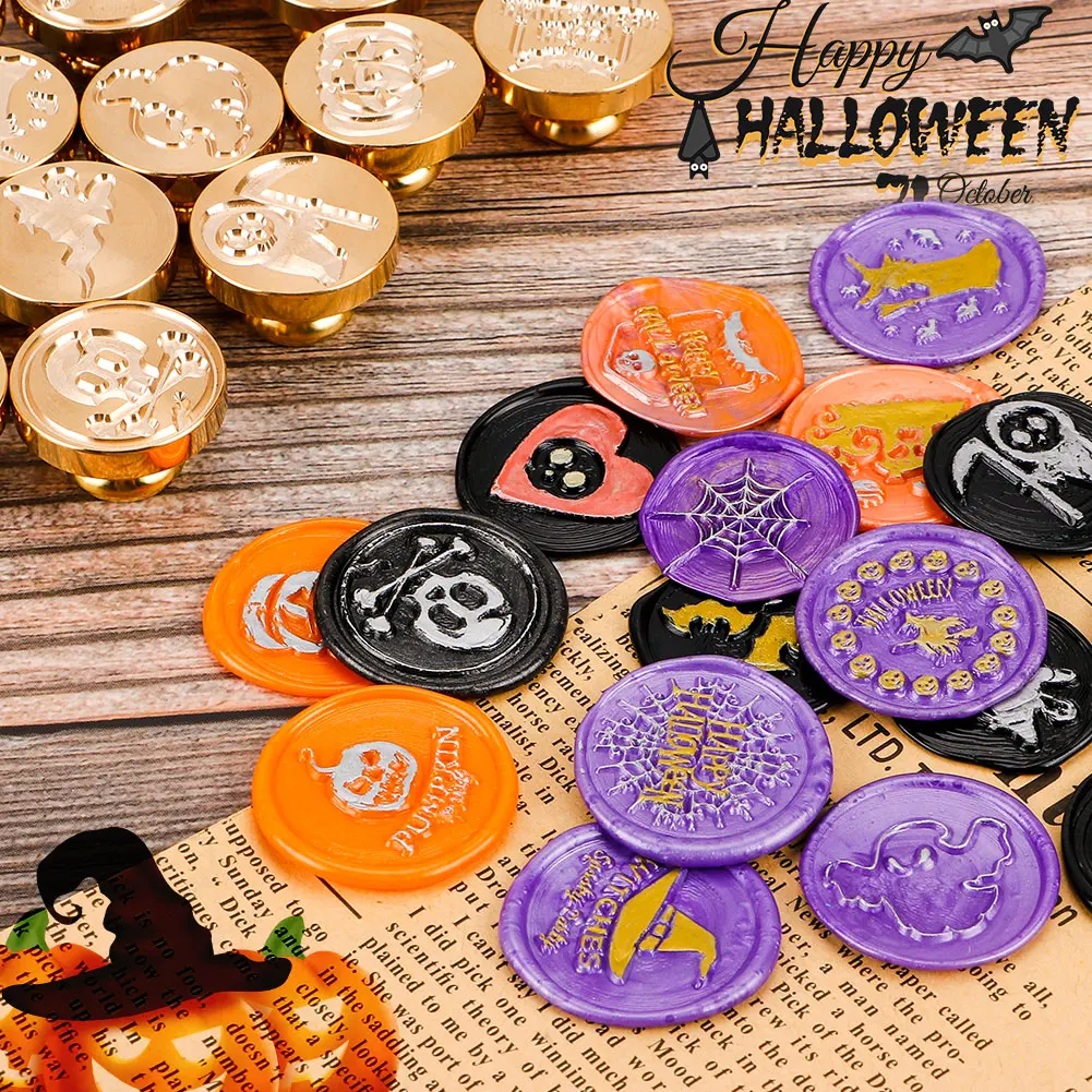 

Happy Halloween Wax Seal Stamps Head, Witch Broom, Skull, Bat, Pumpkin, Sealing Stamp Head for Festival Scrapbooking, 25mm