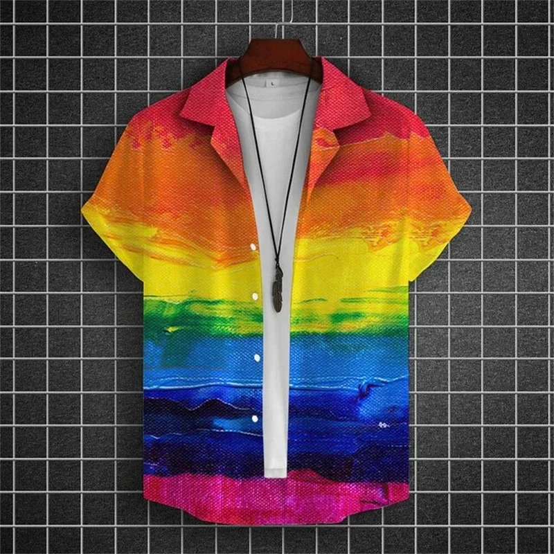 

2024 Summer Oversized Romantic Men's Shirts Rainbow Pattern Fashion Short Sleeve Print Simple High Quality Street Loose Hawaiian