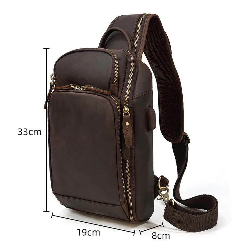 Echt leder Herren Brusttasche Vintage Rindsleder USB Aufladen Sommer Umhängetasche Reise Schlinge Umhängetaschen Umhängetaschen