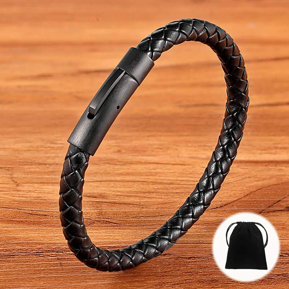 

XQNI Classic Men Leather Bracelet Simple Black Stainless Steel Clasp Accessories Hand-woven Charm Jewelry Gifts With Velvet Bag