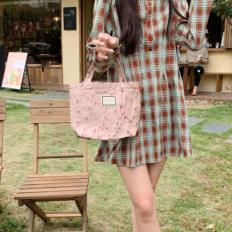 

Women's Lunch Bag Vintage Flower Tote Bag Female Girls Hand Carrying Handbags Ladies Casual Shopping Bags