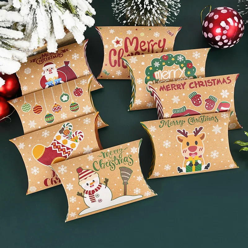 

5/10/12pcs Christmas Pillow Shape Candy Box Kraft Paper Christmas Gift Packaging Boxes Kids Favors Xmas New Year Navidad Supplie