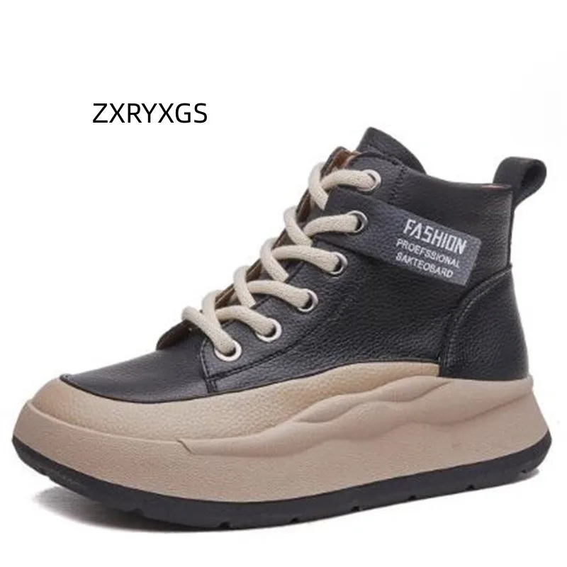 

ZXRYXGS Retro Style Popular High Top Ankle Boots Women Sneakers 2023 Autumn Thick Soled Genuine Leather Boots Casual Shoes Tide
