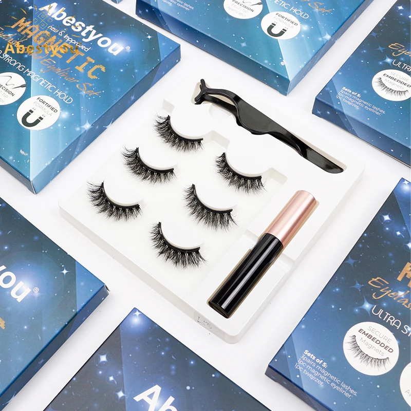 Abestyou 3pairs 5d Micro Guantum Magnet Mink Eyelashes Cat Eye False Lashes Waterproof Magnetic Liquid Eyeliner Tweezer Kit