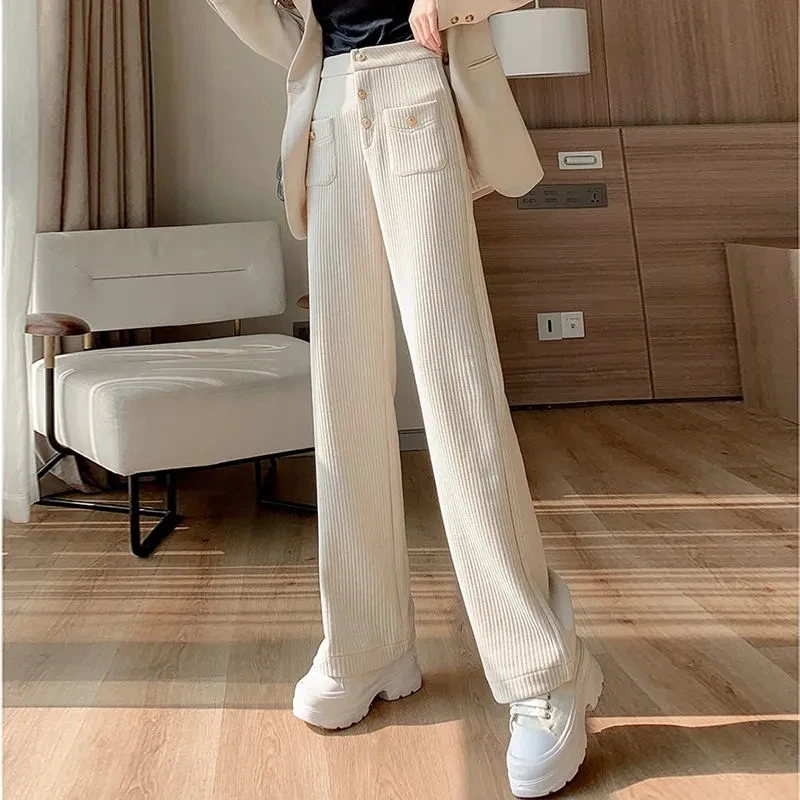 

Chenille High Waist Wide Leg Design Women's Pants Autumn Winter 2022 New Chic Loose Trousers Corduroy Straight Casual Off White