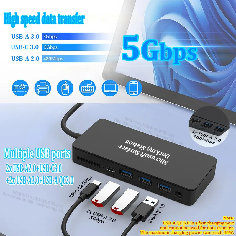 Bawanfa Hub Docking Station 8 In 1 Per Surface Laptop 5/4/3/Go - Adattatore USB C Con HDMI 4K, LAN Gigabit, USB 3.0, SD/TF E Ricarica PD 60W
