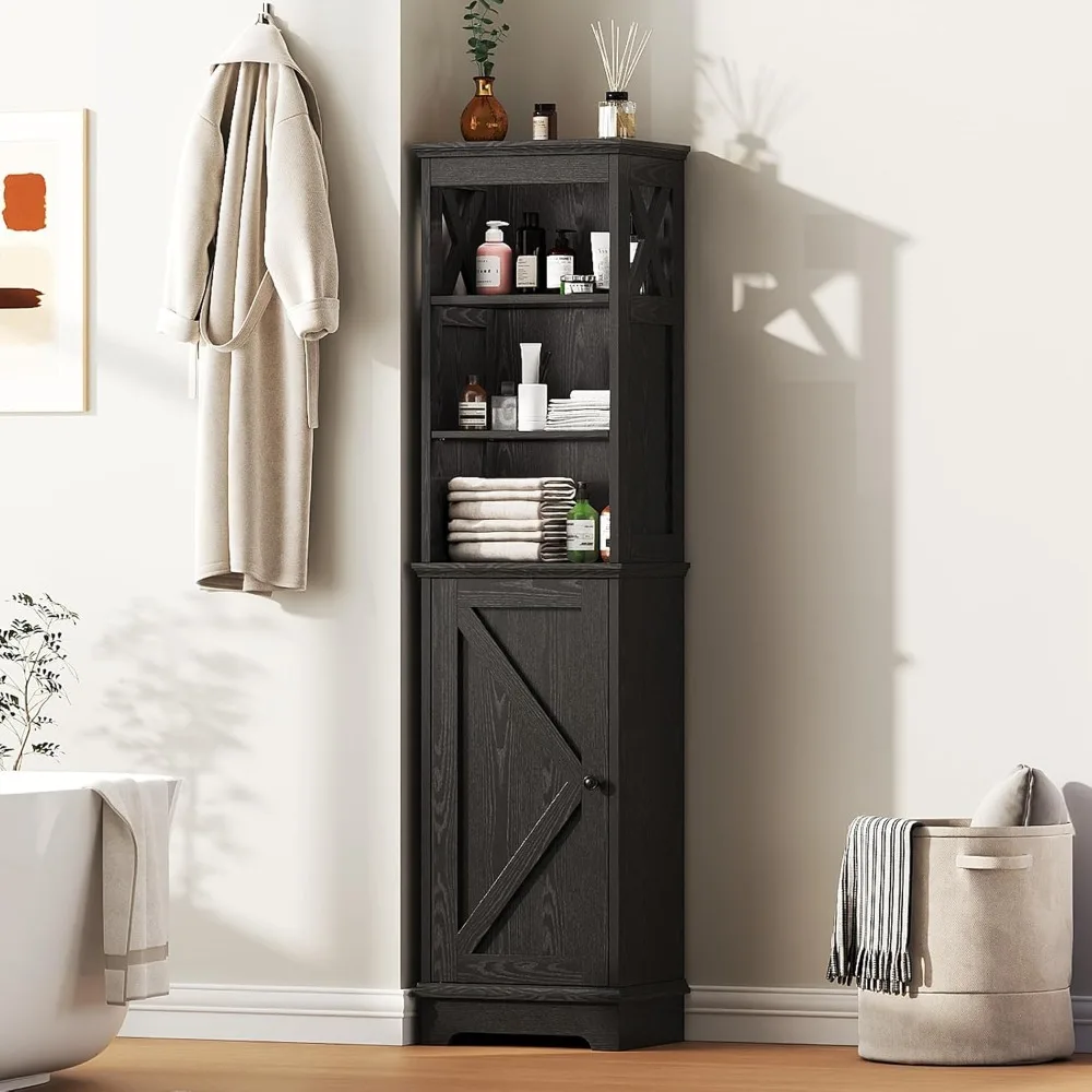 Farmhouse Tall Narrow Storage Cabinet with Door & Shelves, Freestanding Organizer for Bathroom Kitchen