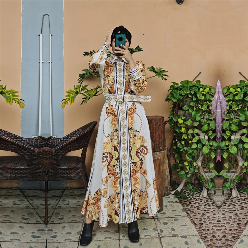 

2023 summer new maxi long gorgerous print muslim style party palace queen vintage split sexy women dress casual with belt