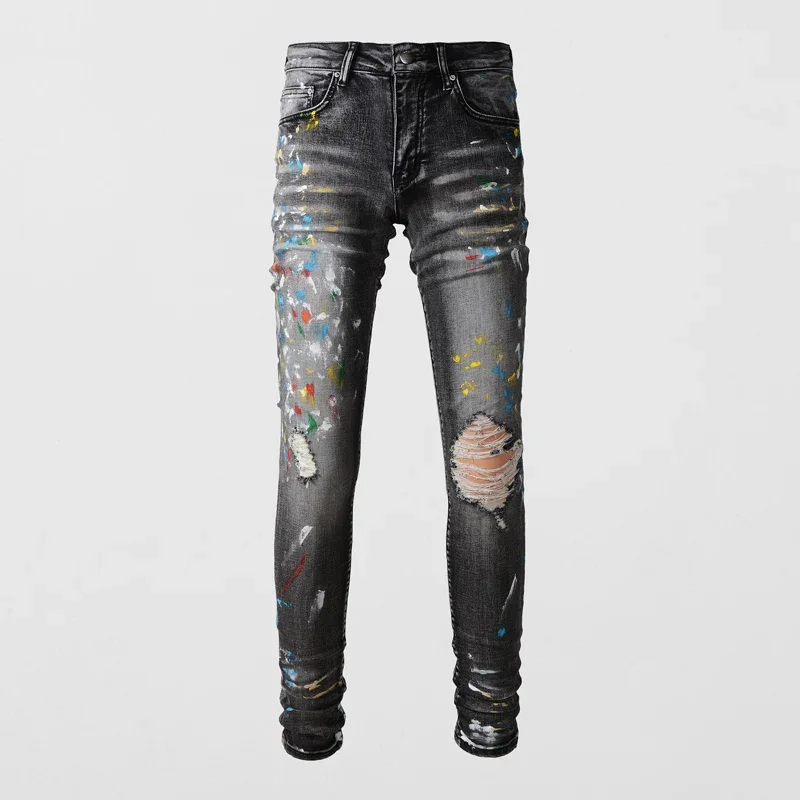 

High Street Fashion Men Jeans Retro Black Gray Stretch Skinny Fit Ripped Jeans Men Painted Designer Hip Hop Brand Pants Hombre