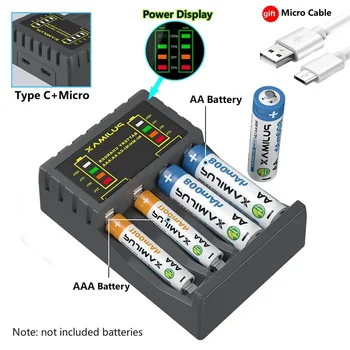 Caricabatteria Ricarica rapida intelligente a 4 slot con indicatore per batteria ricaricabile NiMH NiCd AAA/AA da 1,2 V Micro caricatore USB C