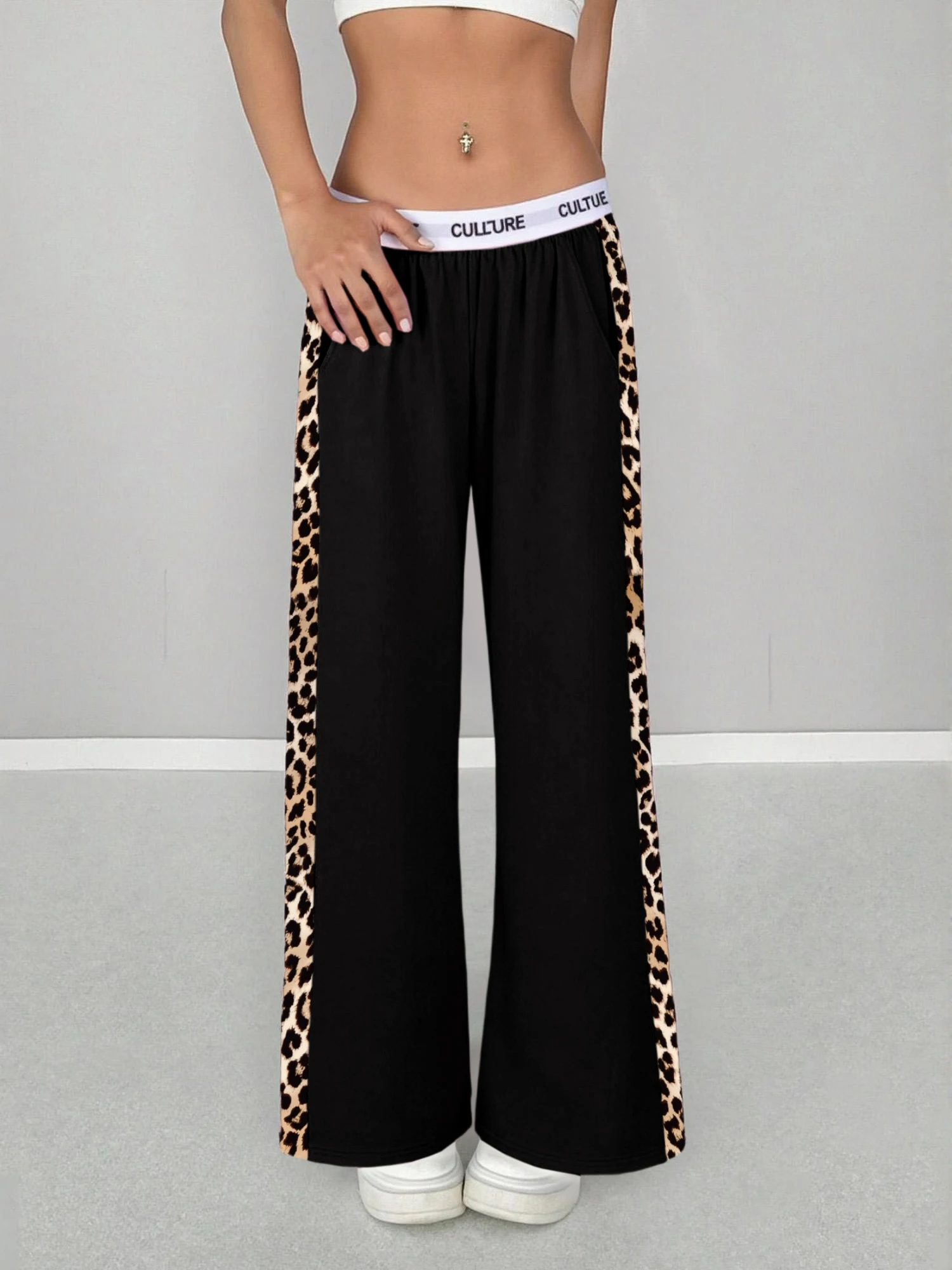 Women’s leopard print wide leg pants with side stripe high waist streetwear trousers 004