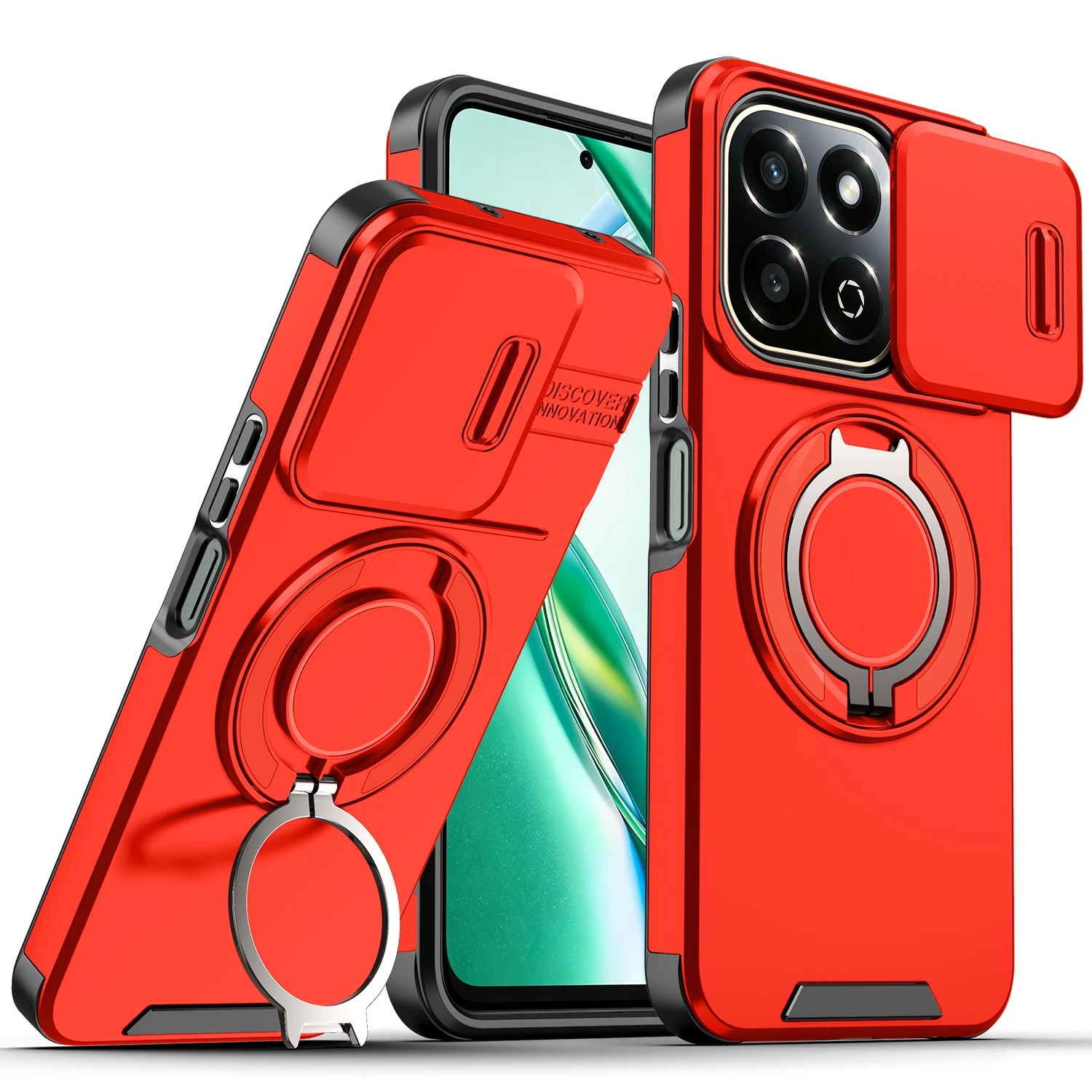 Magnetic Metal Ring Stand Armor Case with Slide Window Lens Protection