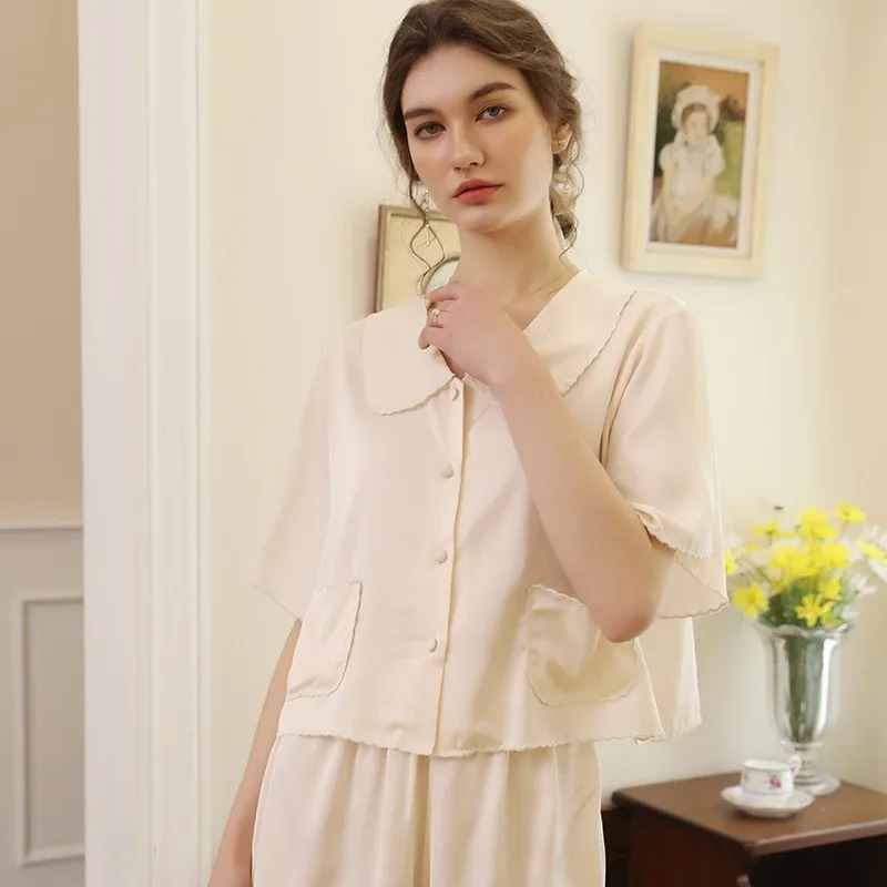 

2023 Summer Fashion Elegant Ice Silk Pajamas High Quality Short Sleeve Sleepwear Pijama Mujer ensemble femme 2 pièces