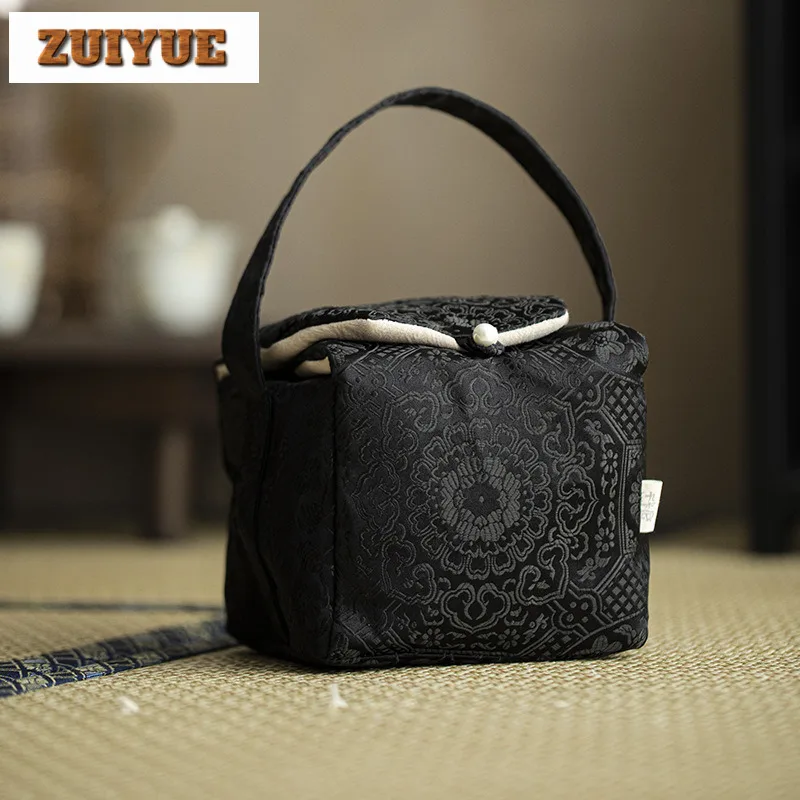 Chinese Fabric Tea Storage Bag Outdoor Portable Dark Brown Pattern Tea ...