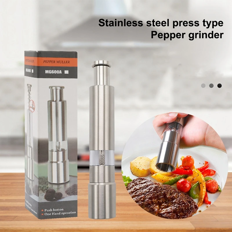 Stainless Steel Pepper Mill Grinder Spice Shaker Thumb Push Button Salt Pepper Mills For BBQ Travel Home Camping Kitchen Tools