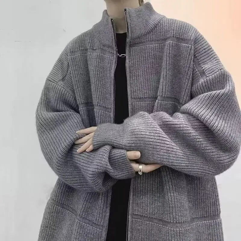 

Korean style zipper knitted cardigan jacket men's autumn and winter turtleneck sweater loose thickened couple sweater y2k tops