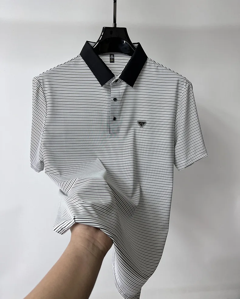 High end brand trend ice silk striped short sleeve polo shirt men's 2024 summer new fashionable print hot diamond casual T-shirt 13 Sf060ef7e1d08430ab631db8840697a16t