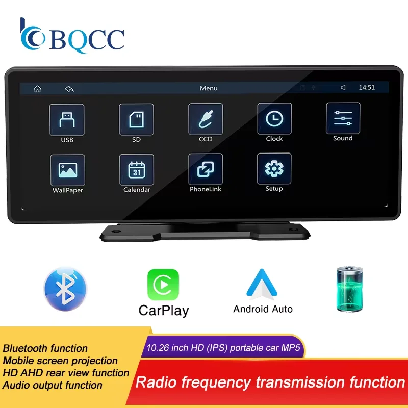 BQCC 10,26 pulgadas portátil MP5 reproductor de vídeo Multimedia Android Auto pantalla Carplay inalámbrica HD cámara de marcha atrás trasera Radio de coche 1