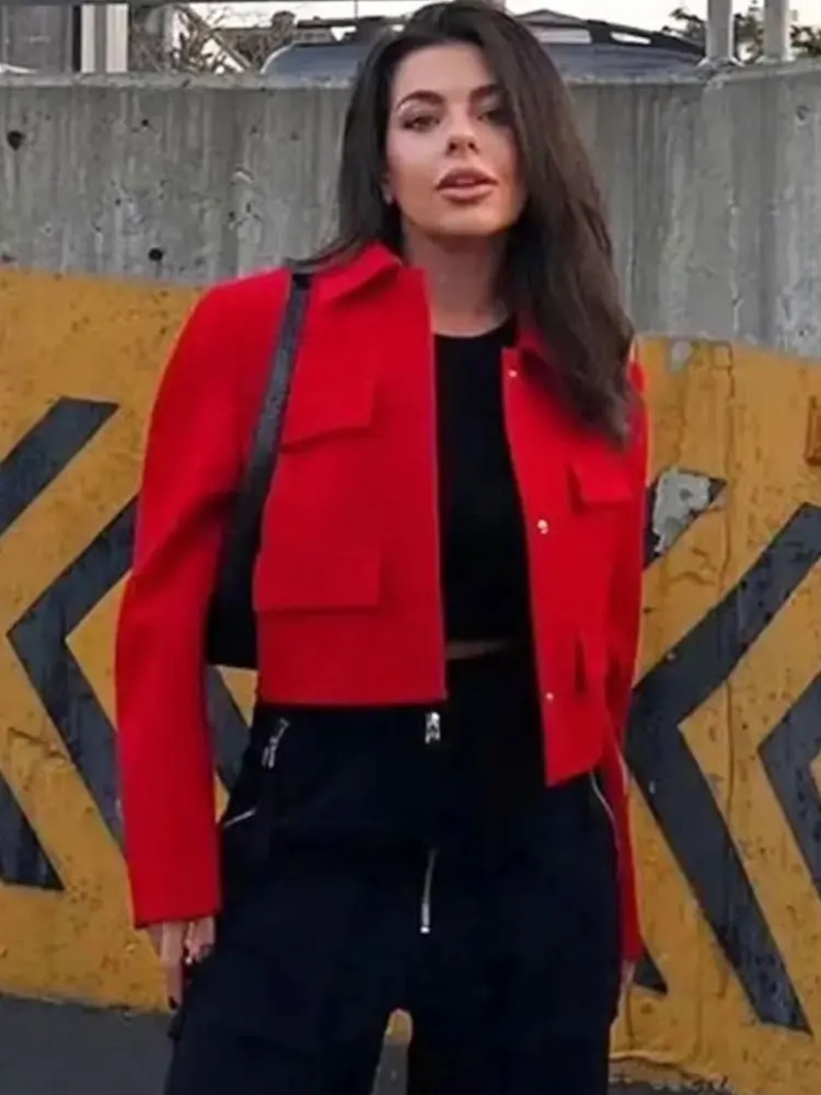 HH Spring Jacket For Women Slim Cropped Coat Elegant Solid Long Sleeve Jacket Front Flap Pocket Outerwear Fashion Streetwear